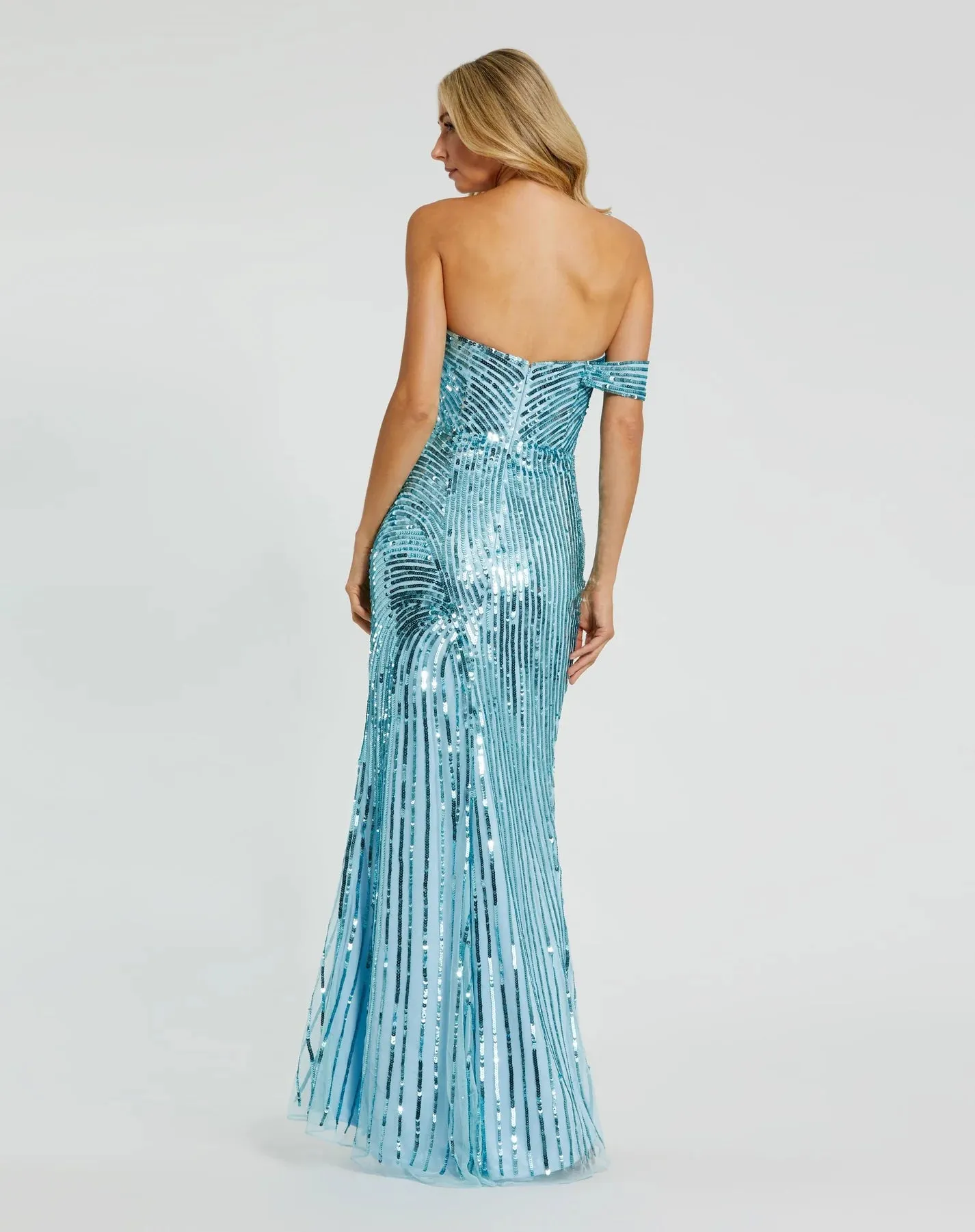 Asymmetric one shoulder mesh sequin gown with split - Aqua Blue