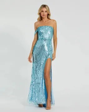 Asymmetric one shoulder mesh sequin gown with split - Aqua Blue