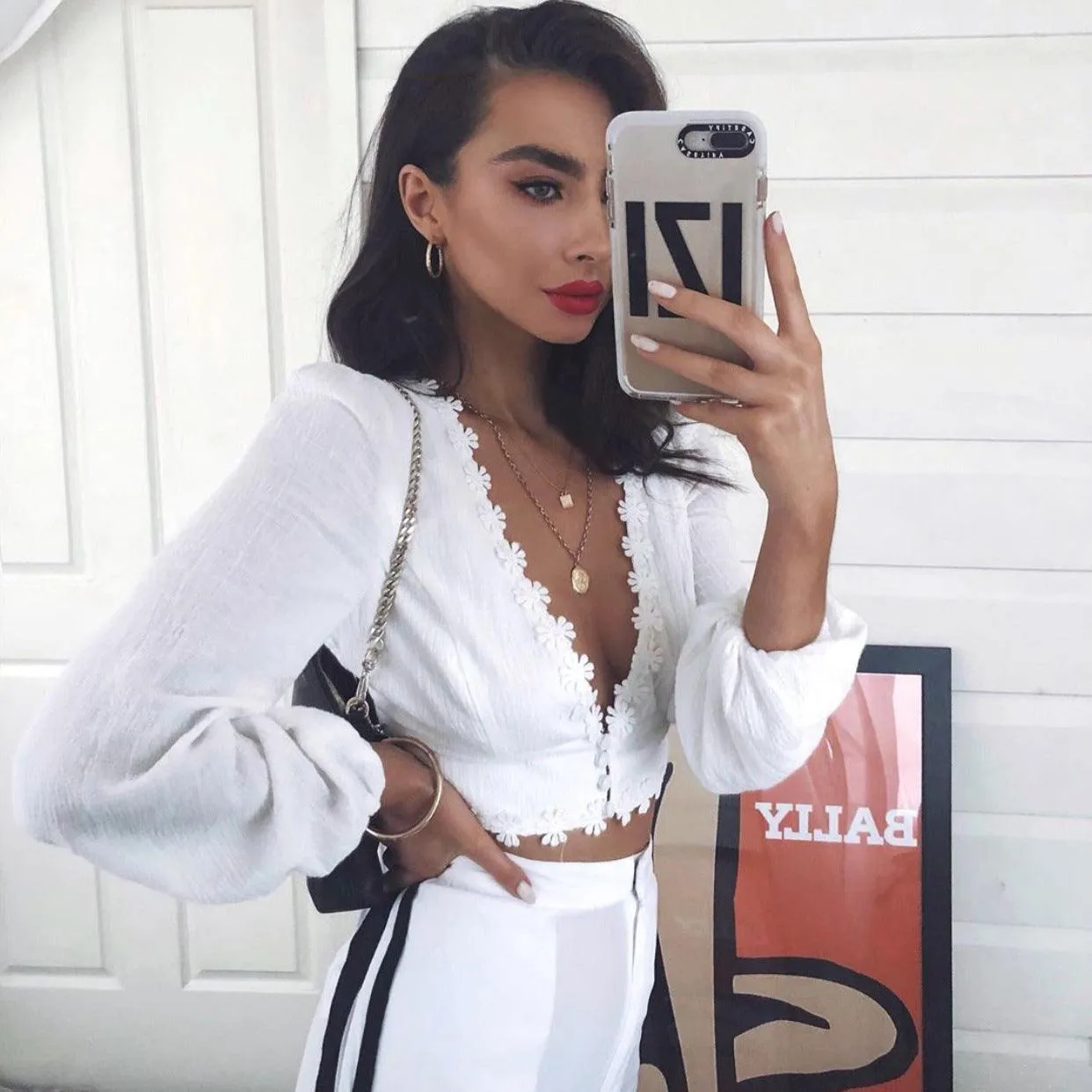 Beautiful V Neck Cropped Women Tops And Blouses Floral Lace Shirt