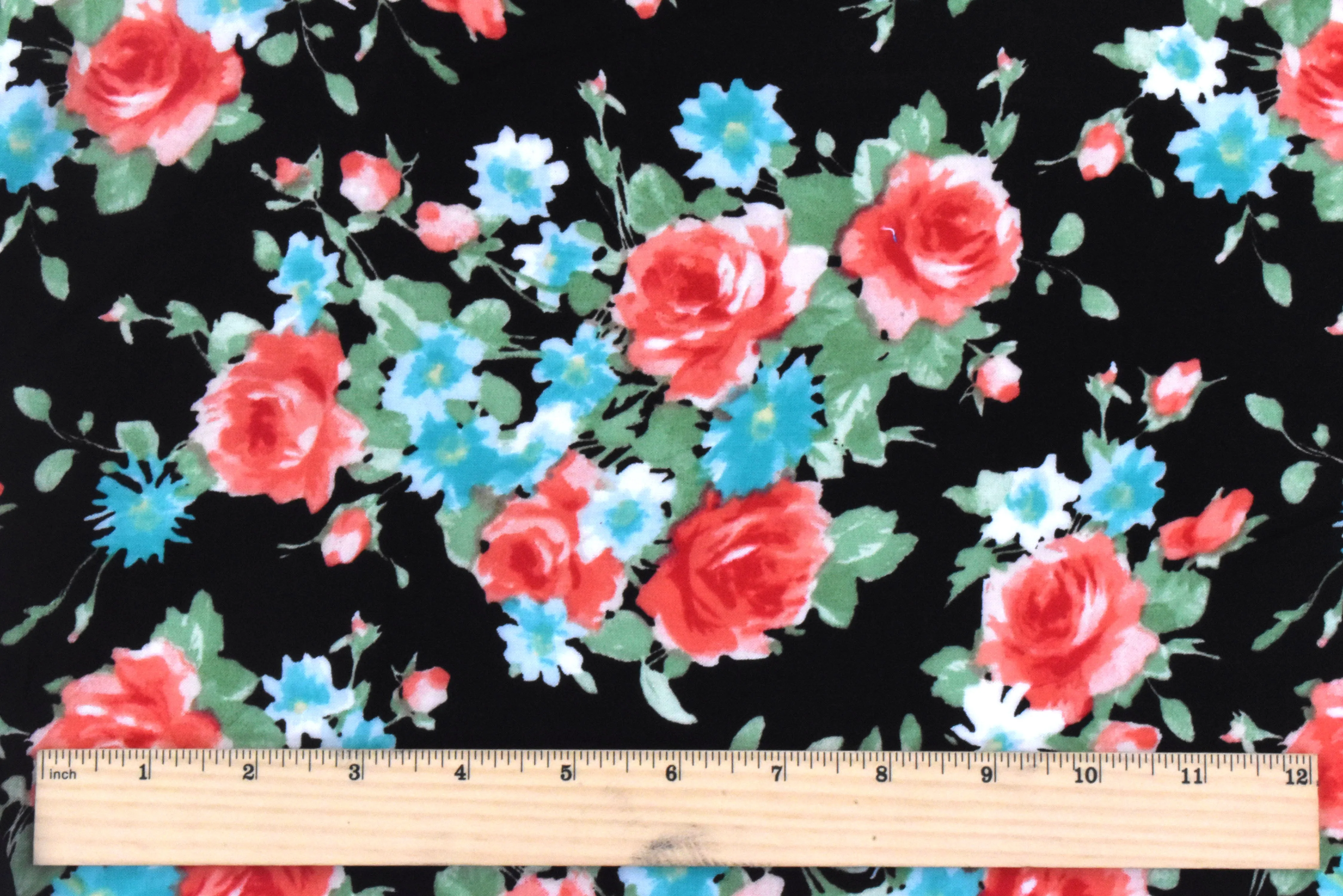 Black-Simple Red-Multi Floral Printed Rayon Challis Woven Fabric