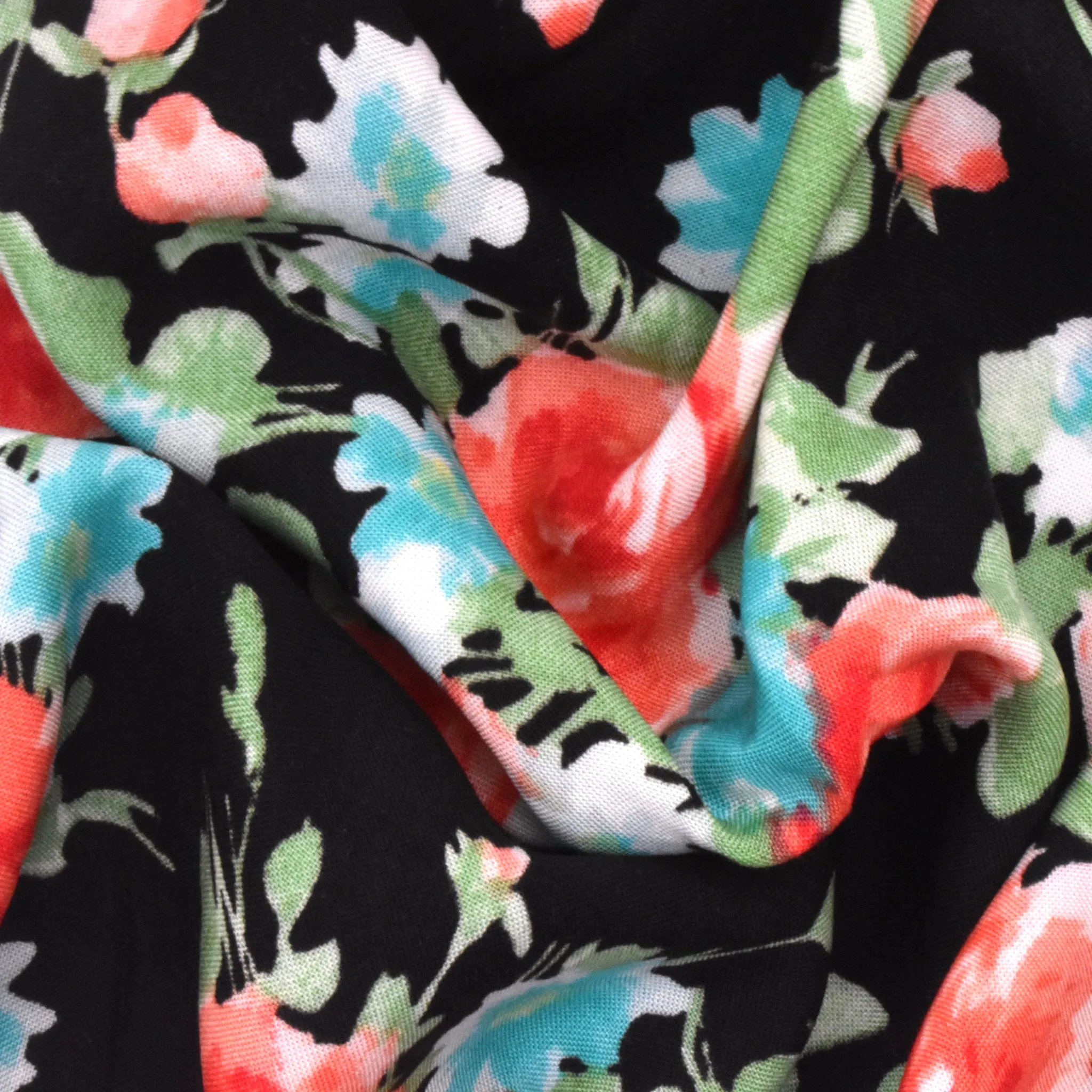Black-Simple Red-Multi Floral Printed Rayon Challis Woven Fabric