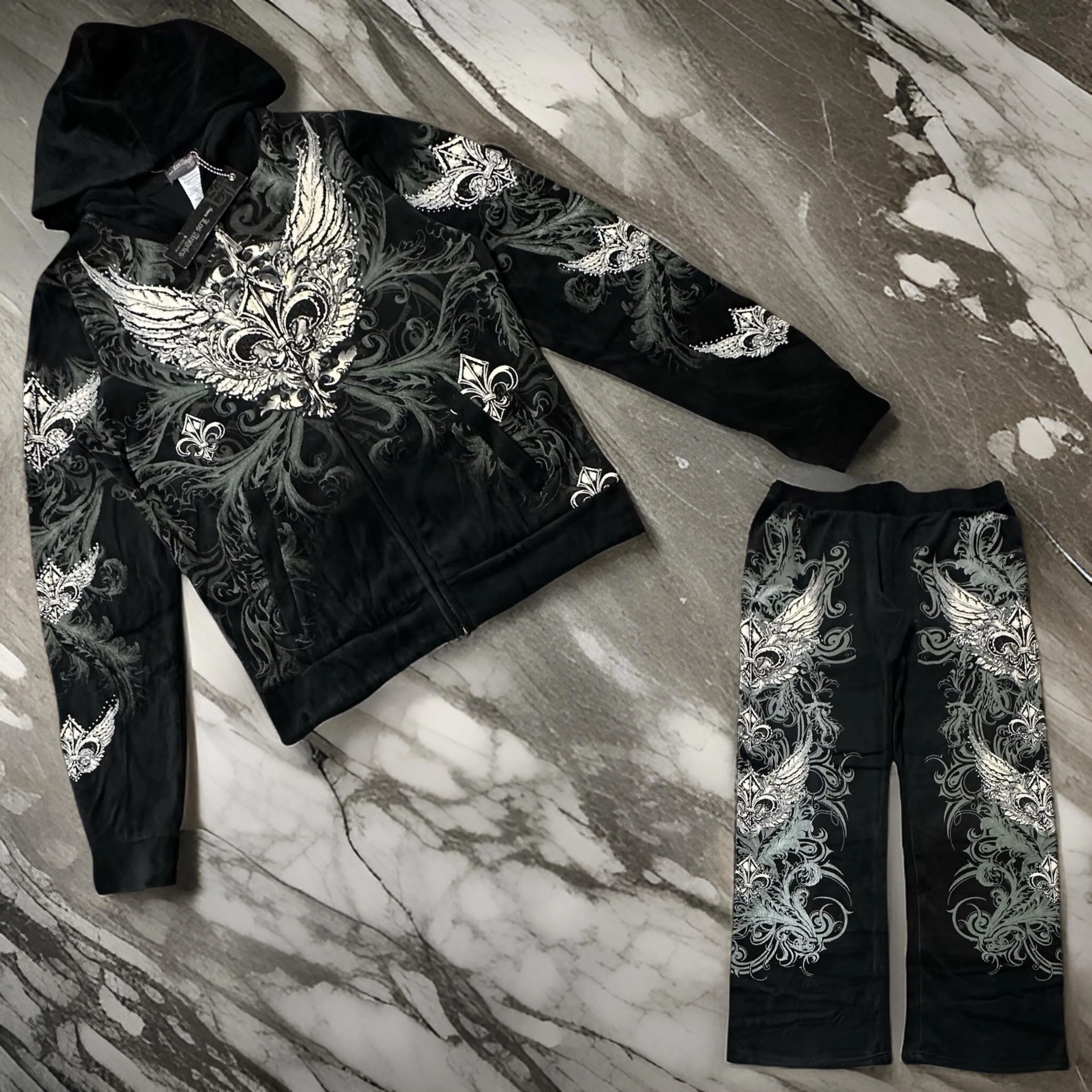 *BUS STOP* WOMEN'S VELOUR (BLACK) FULL OUTFITS (HOODED WITH ZIP)