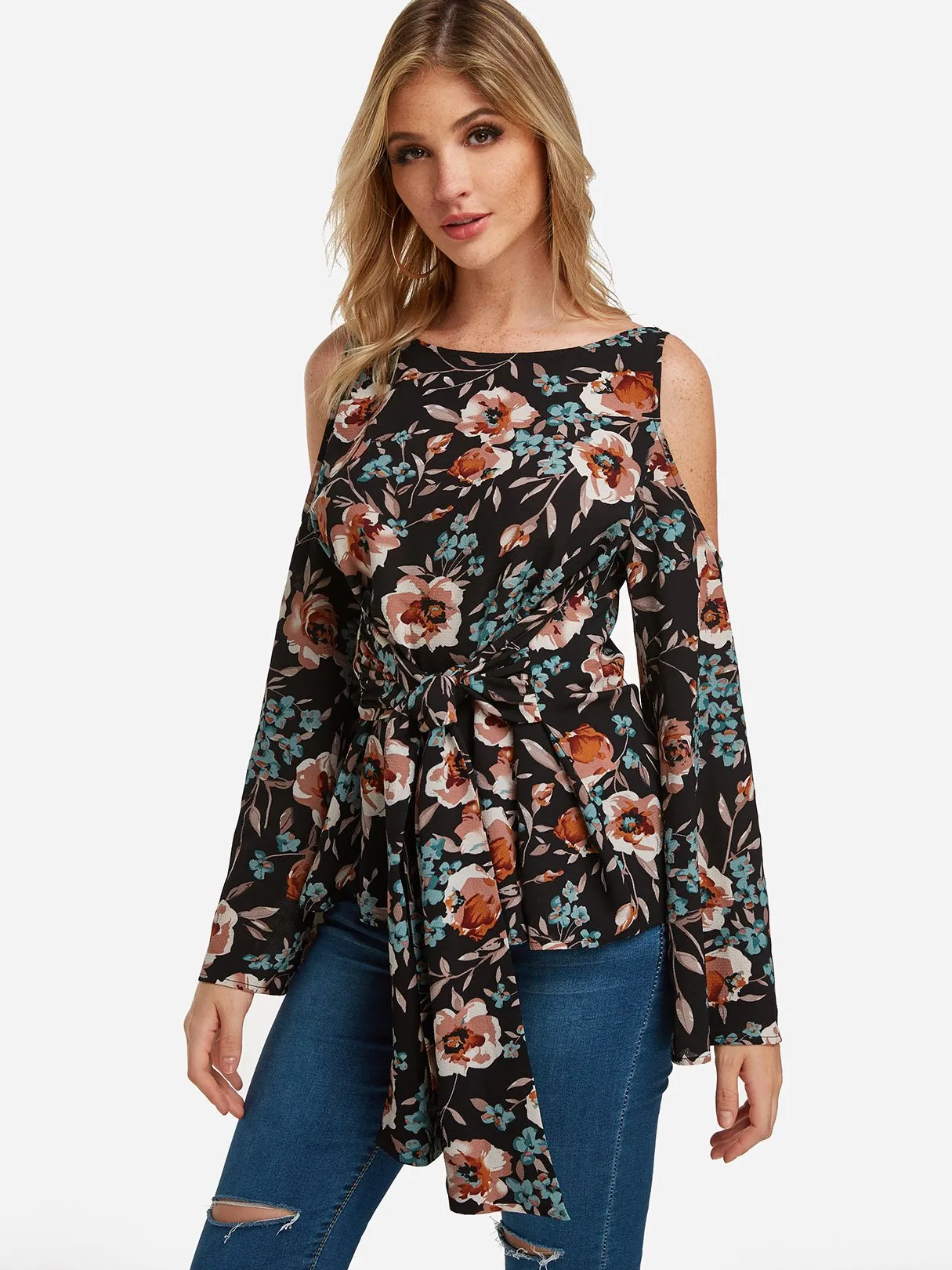 Custom Round Neck Cold Shoulder Floral Print Cut Out Tie-Up Long Sleeve Blouses