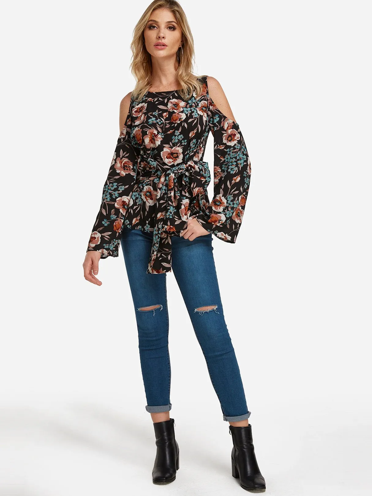Custom Round Neck Cold Shoulder Floral Print Cut Out Tie-Up Long Sleeve Blouses