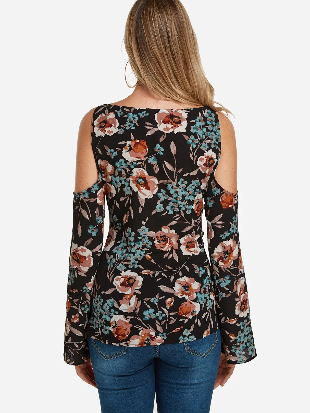 Custom Round Neck Cold Shoulder Floral Print Cut Out Tie-Up Long Sleeve Blouses