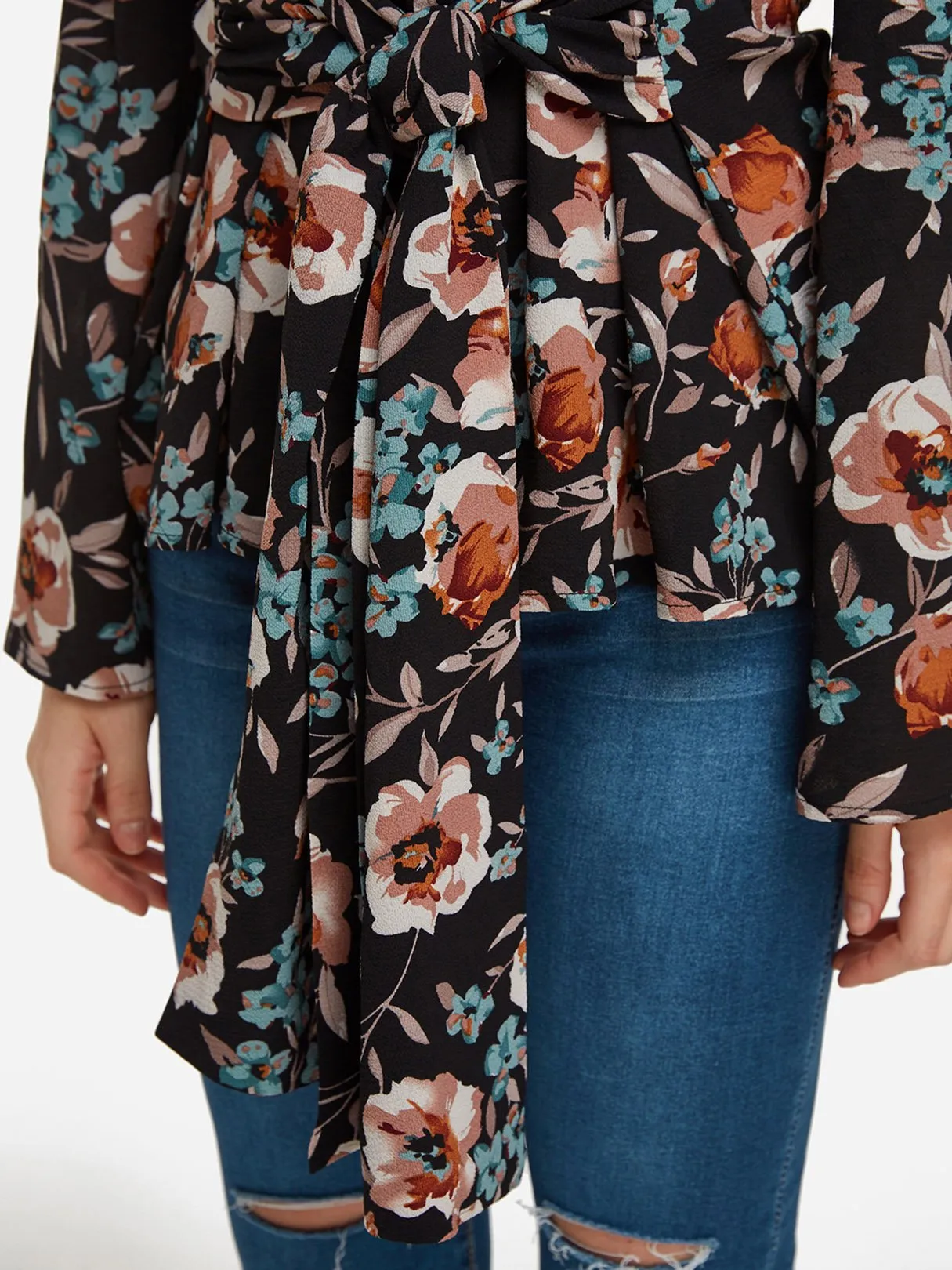 Custom Round Neck Cold Shoulder Floral Print Cut Out Tie-Up Long Sleeve Blouses