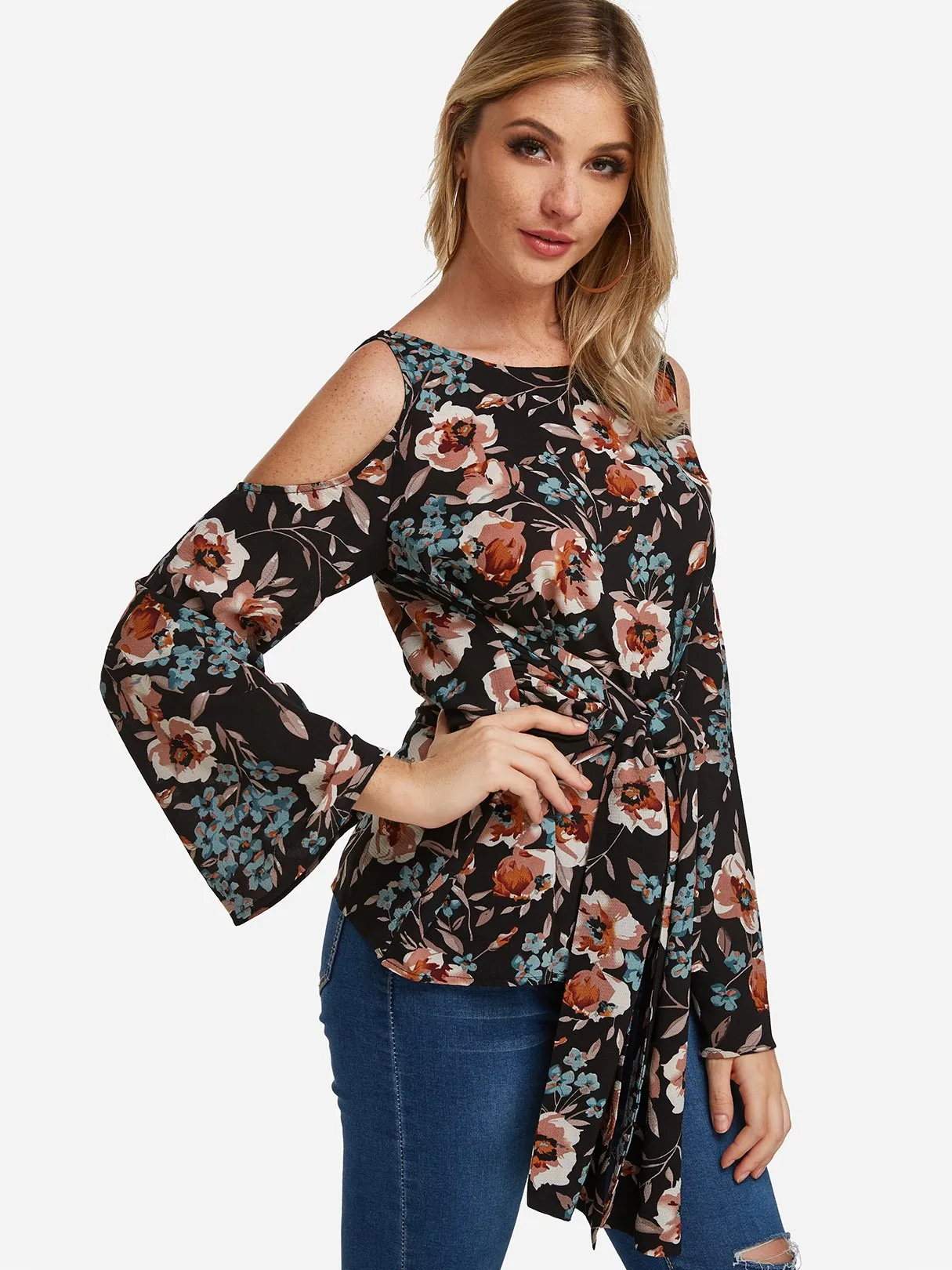 Custom Round Neck Cold Shoulder Floral Print Cut Out Tie-Up Long Sleeve Blouses