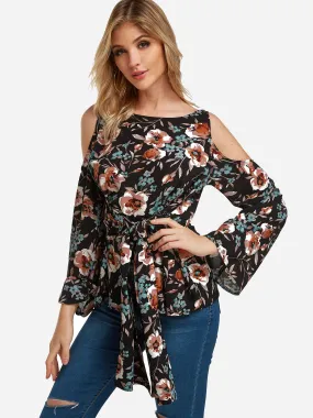 Custom Round Neck Cold Shoulder Floral Print Cut Out Tie-Up Long Sleeve Blouses