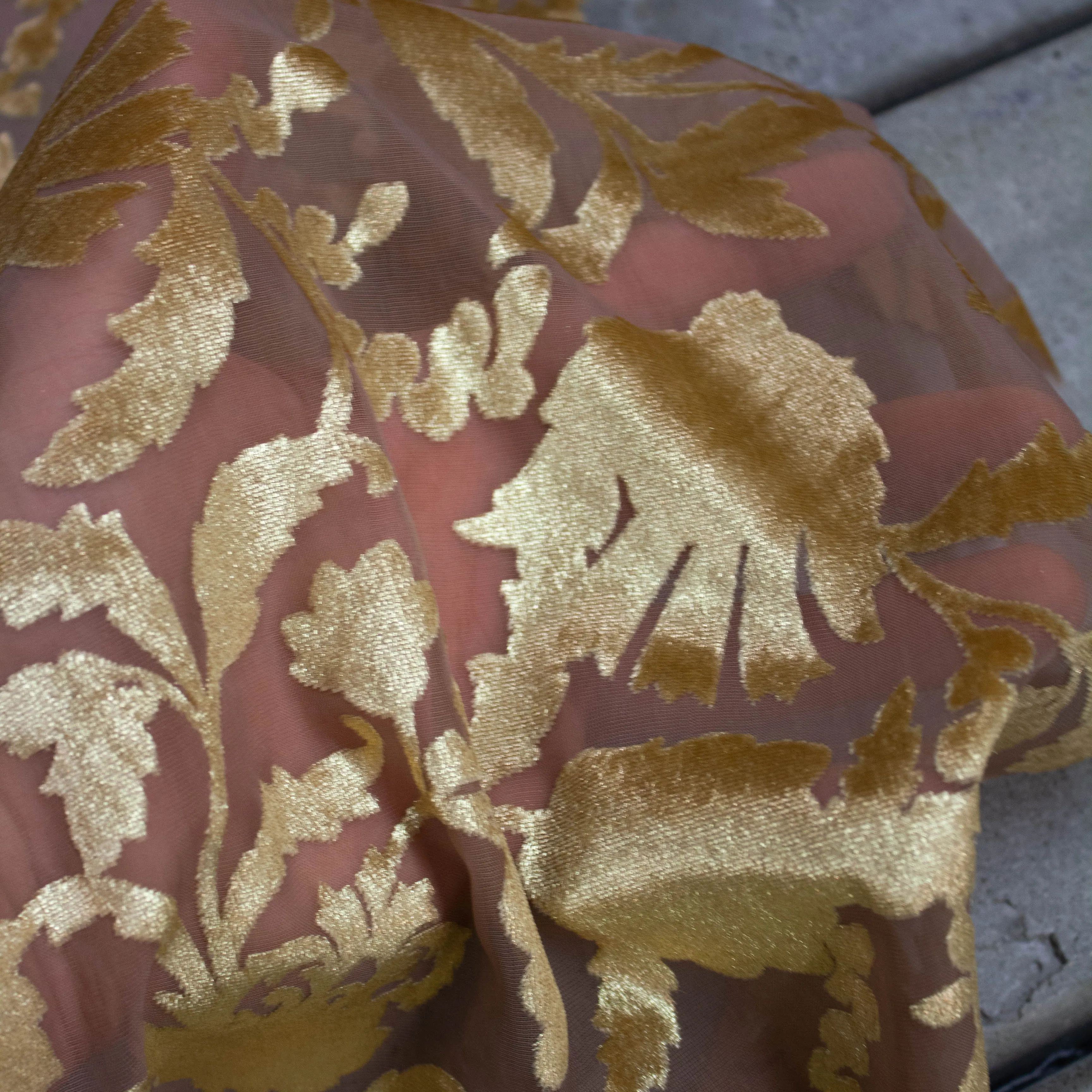 Daris Golden Floral Flocked Polyester Voile SHOWROOM SAMPLE 34CM X 60CM
