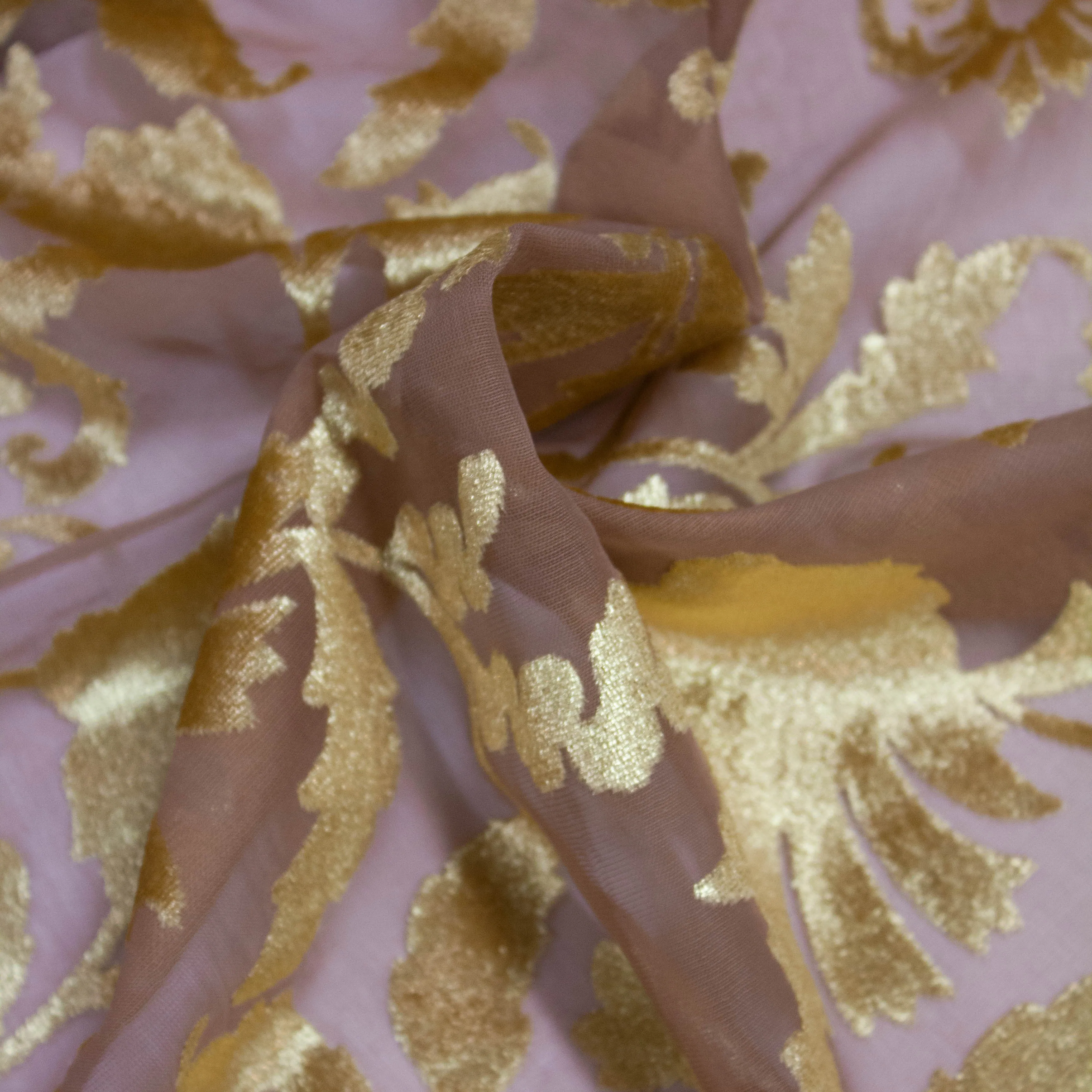 Daris Golden Floral Flocked Polyester Voile SHOWROOM SAMPLE 34CM X 60CM