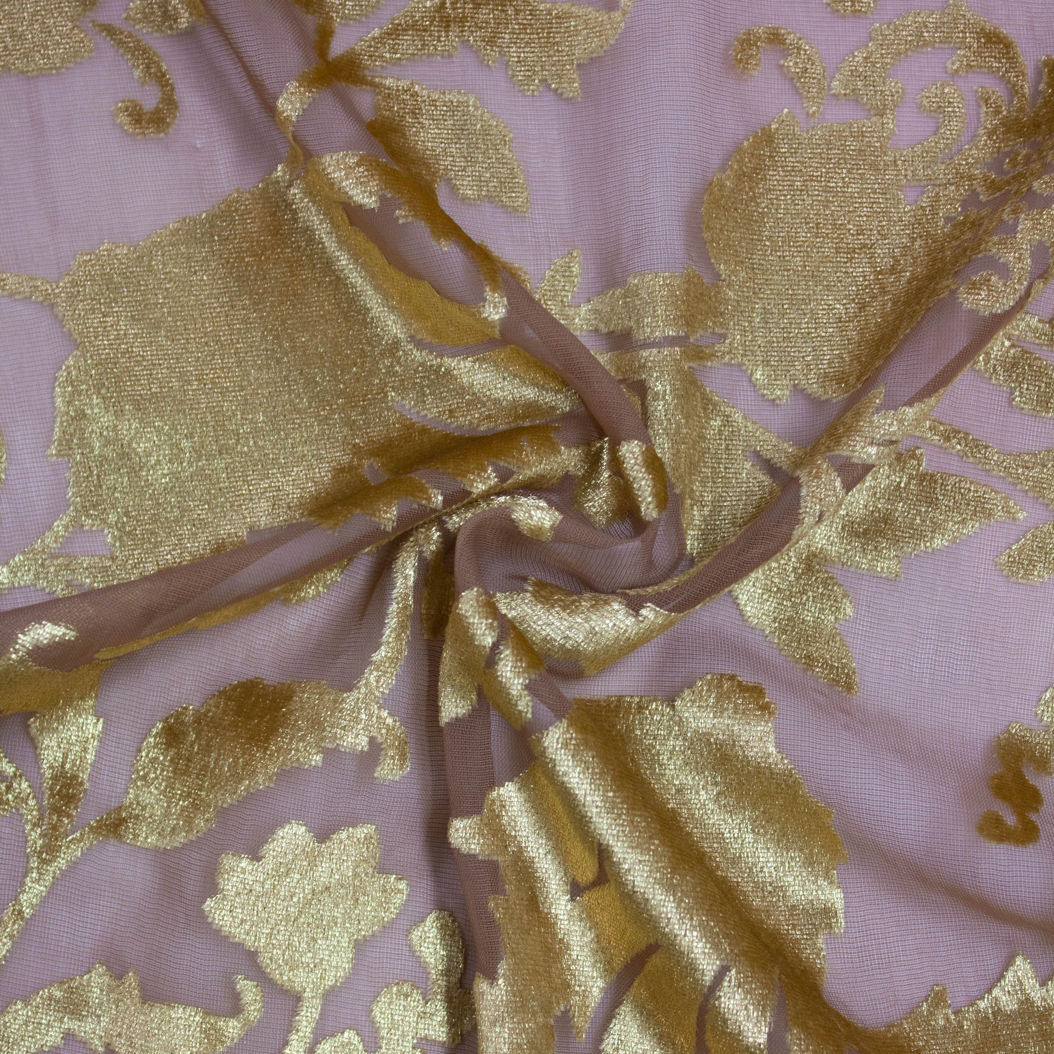 Daris Golden Floral Flocked Polyester Voile SHOWROOM SAMPLE 34CM X 60CM