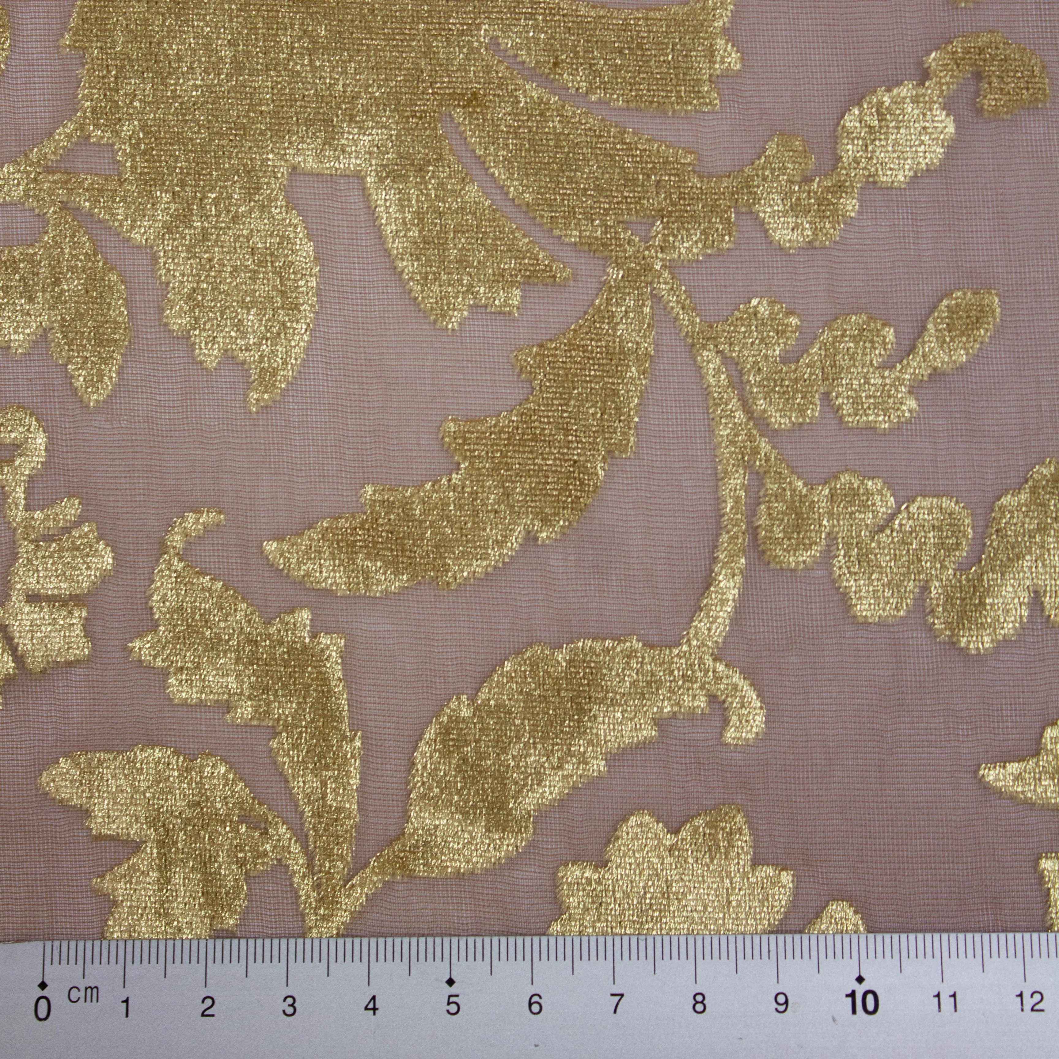 Daris Golden Floral Flocked Polyester Voile SHOWROOM SAMPLE 34CM X 60CM