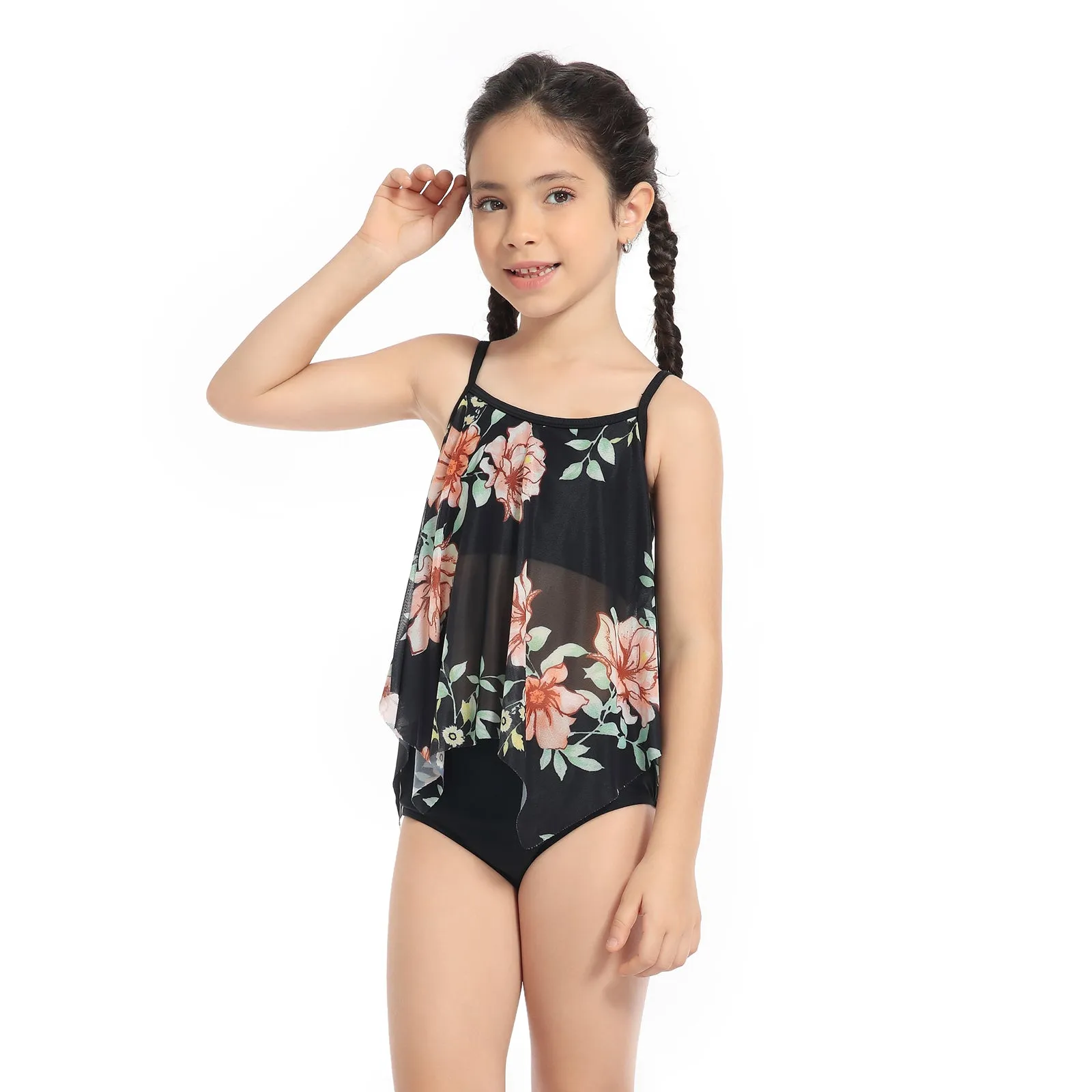 Family Matching Black Floral Printed Swimsuits
