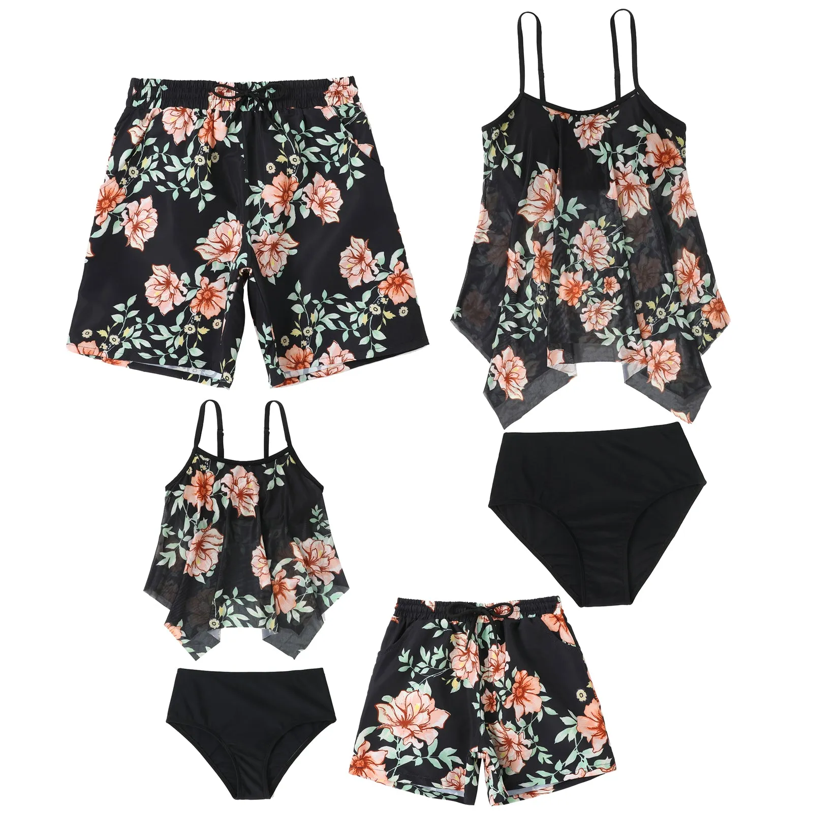 Family Matching Black Floral Printed Swimsuits