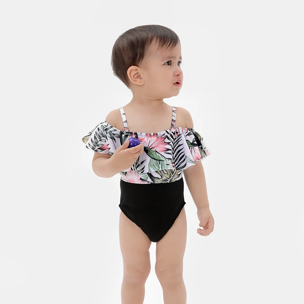 Family Matching Leaves Flowers Printed Swimsuits