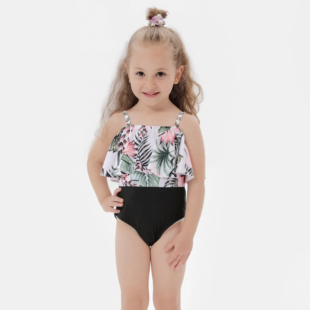 Family Matching Leaves Flowers Printed Swimsuits