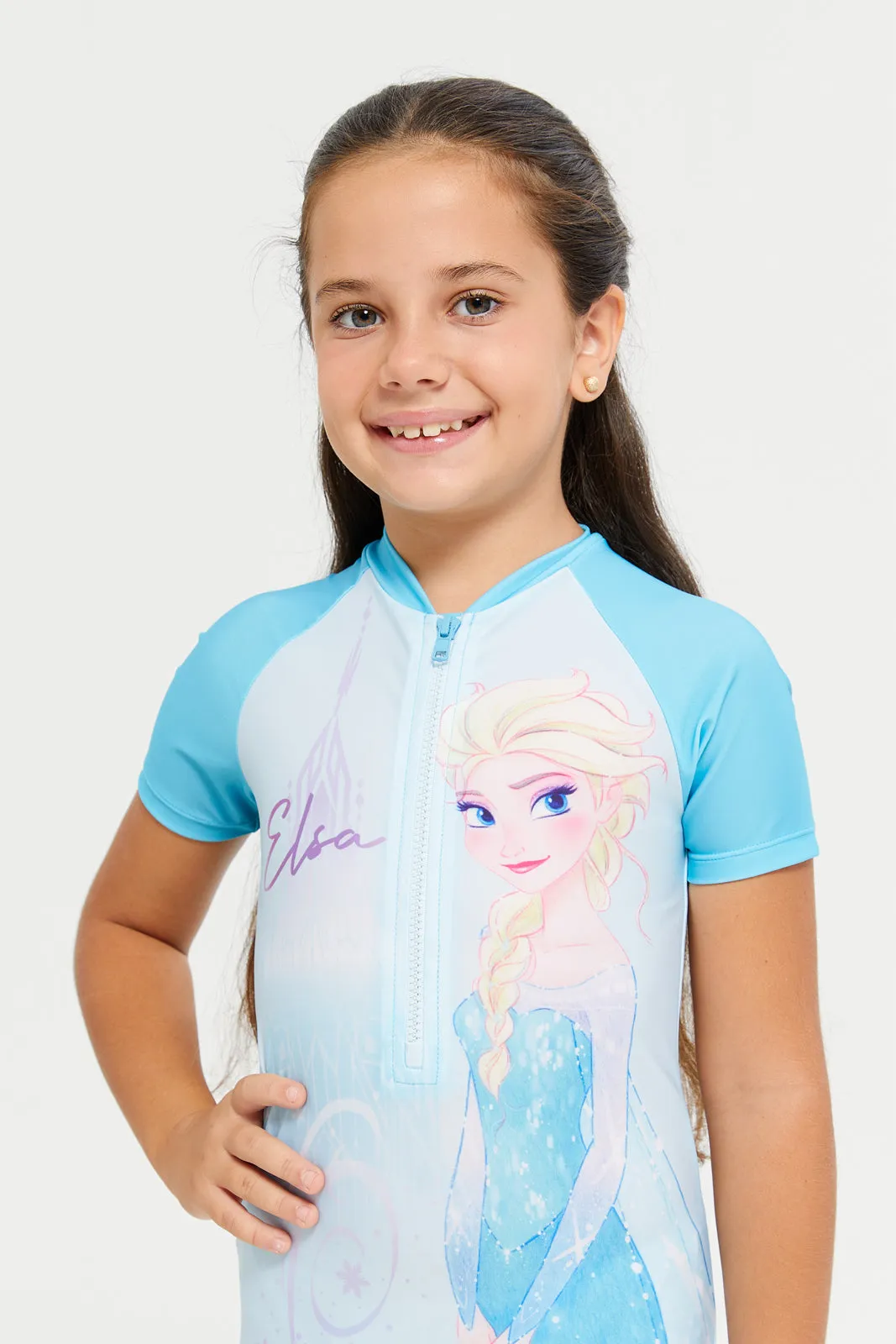 Girls Blue Frozen Print Swimsuits