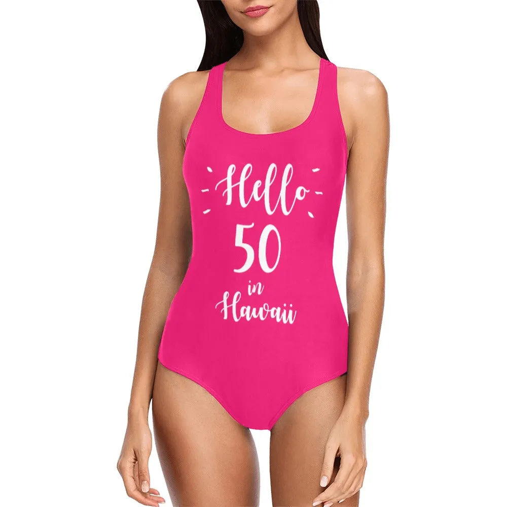 Hello 50 Birthday Swimsuit, 50th Bathing Suit Custom Women Swim Plus Size Party Gift Sexy Personalized Black One Piece Swimwear Year