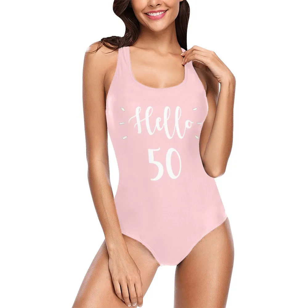 Hello 50 Birthday Swimsuit, 50th Bathing Suit Custom Women Swim Plus Size Party Gift Sexy Personalized Black One Piece Swimwear Year