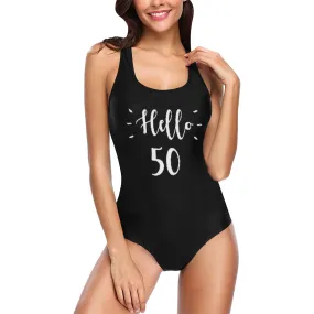 Hello 50 Birthday Swimsuit, 50th Bathing Suit Custom Women Swim Plus Size Party Gift Sexy Personalized Black One Piece Swimwear Year