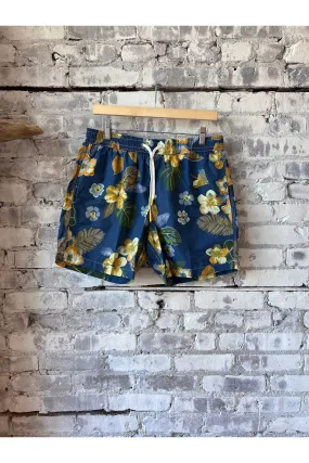 Hibiscus Printed Recycle Nylon Swim Trunks - Navy