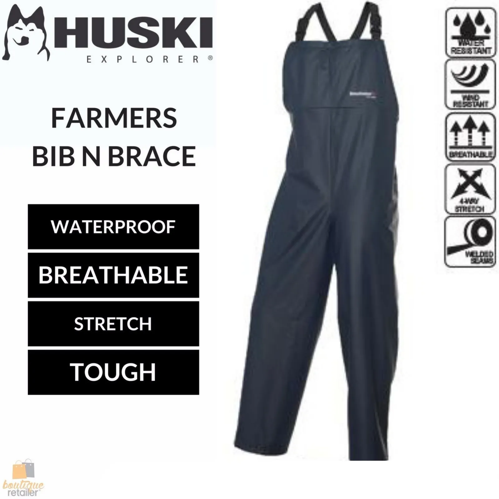 HUSKI Overalls Bib N Brace Waterproof - Navy - Size L