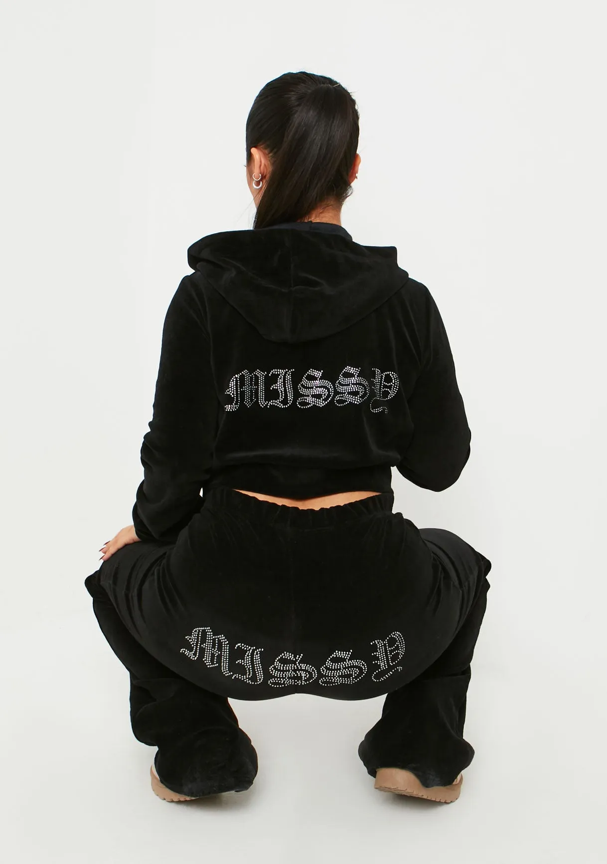 Kasey Black Velour Missy Gem Embellished Cropped Zip Through Hoodie