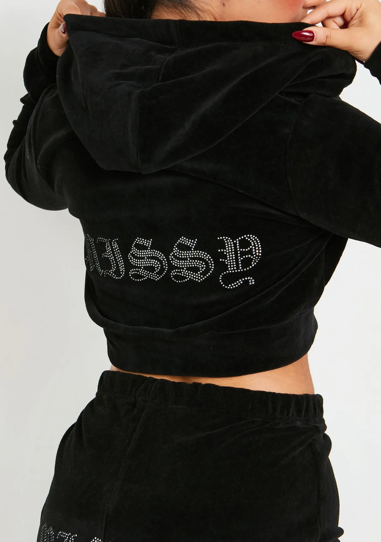 Kasey Black Velour Missy Gem Embellished Cropped Zip Through Hoodie