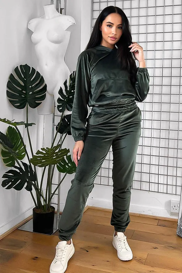 KHAKI HOODED SWEATSHIRT & JOGGERS VELOUR TRACKSUIT SET