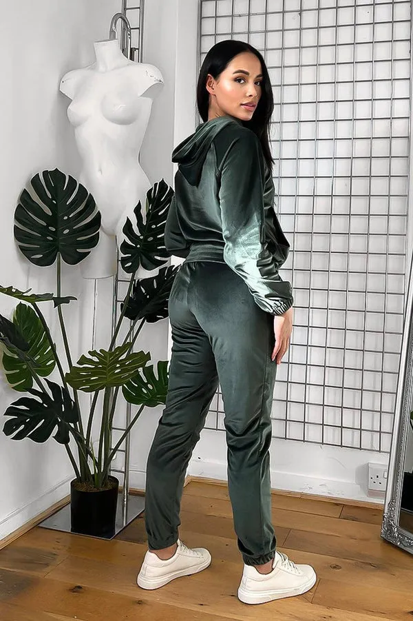 KHAKI HOODED SWEATSHIRT & JOGGERS VELOUR TRACKSUIT SET