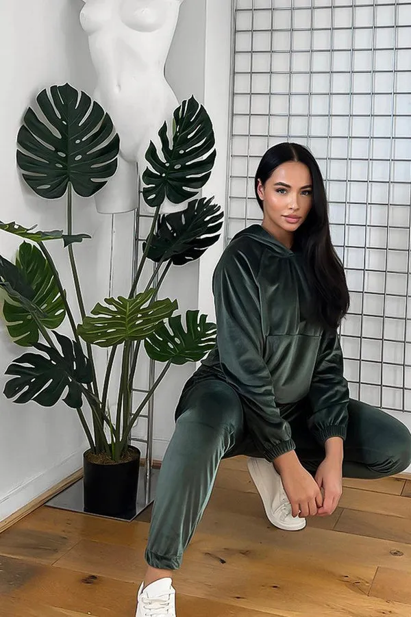 KHAKI HOODED SWEATSHIRT & JOGGERS VELOUR TRACKSUIT SET