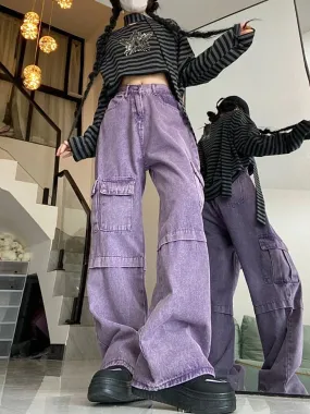Loose Purple Cargo Pockets Jeans Pants