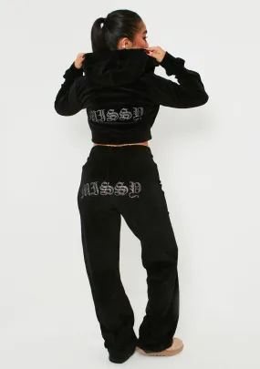 Mollie Black Velour Missy Gem Embellished Tracksuit Bottoms