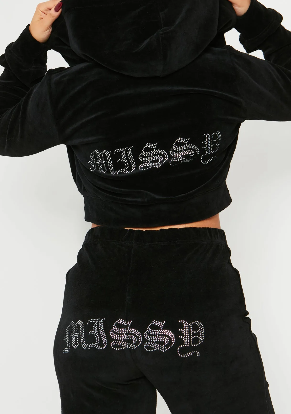 Mollie Black Velour Missy Gem Embellished Tracksuit Bottoms