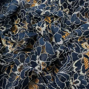 Navy & Ivory Embroidered Floral Lace Fabric