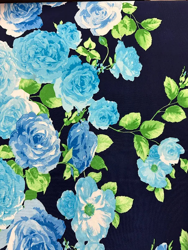 Navy Blue Floral Print ITY Jersey Knit Fabric