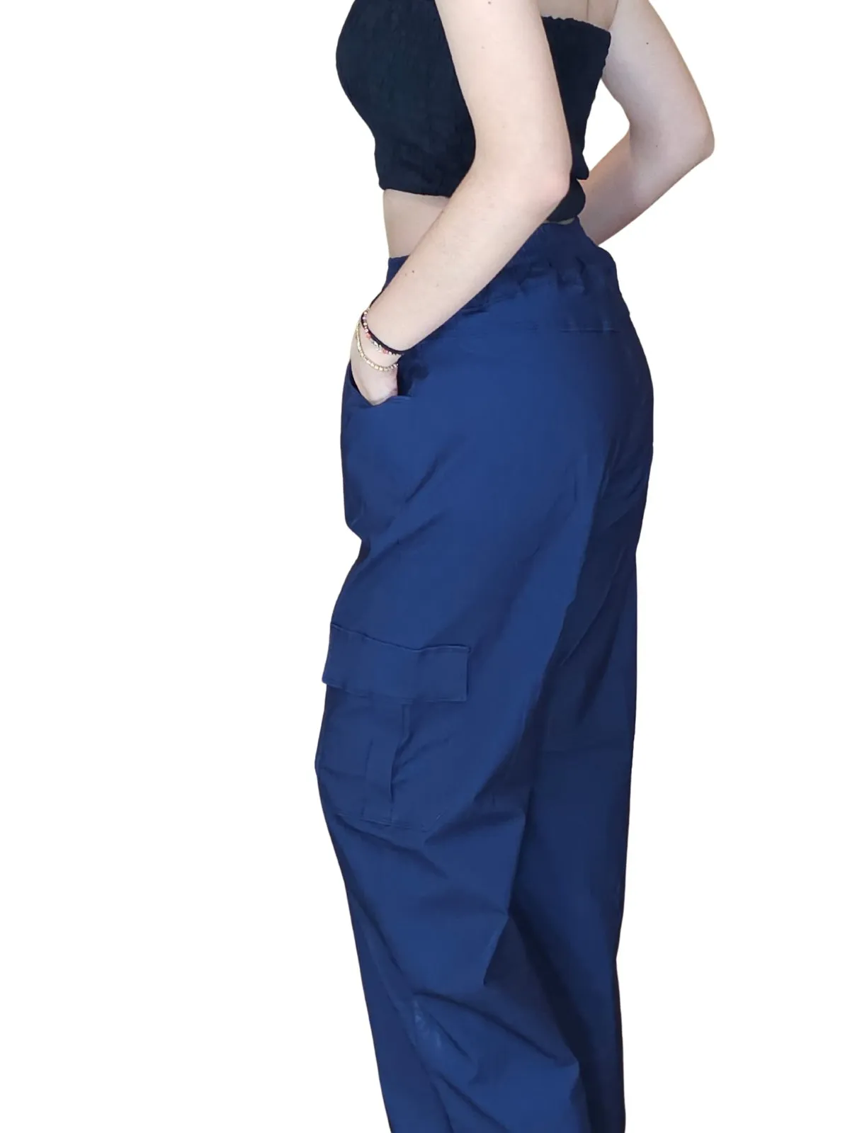 Navy Blue Oversized Cargo Pants – Stretchable & Trendy