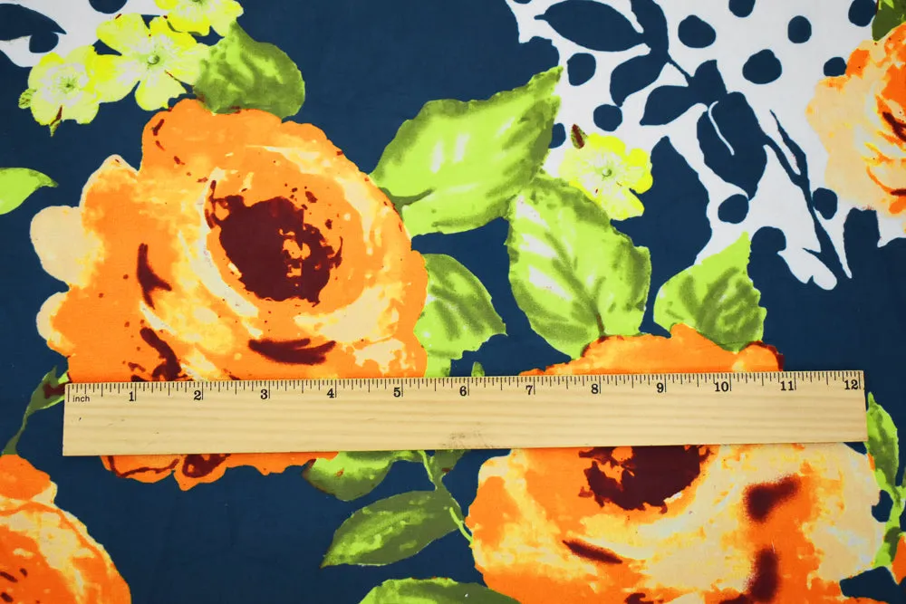 Orange-Blue-Multi Floral Dots Printed Poly Chiffon Woven Fabric