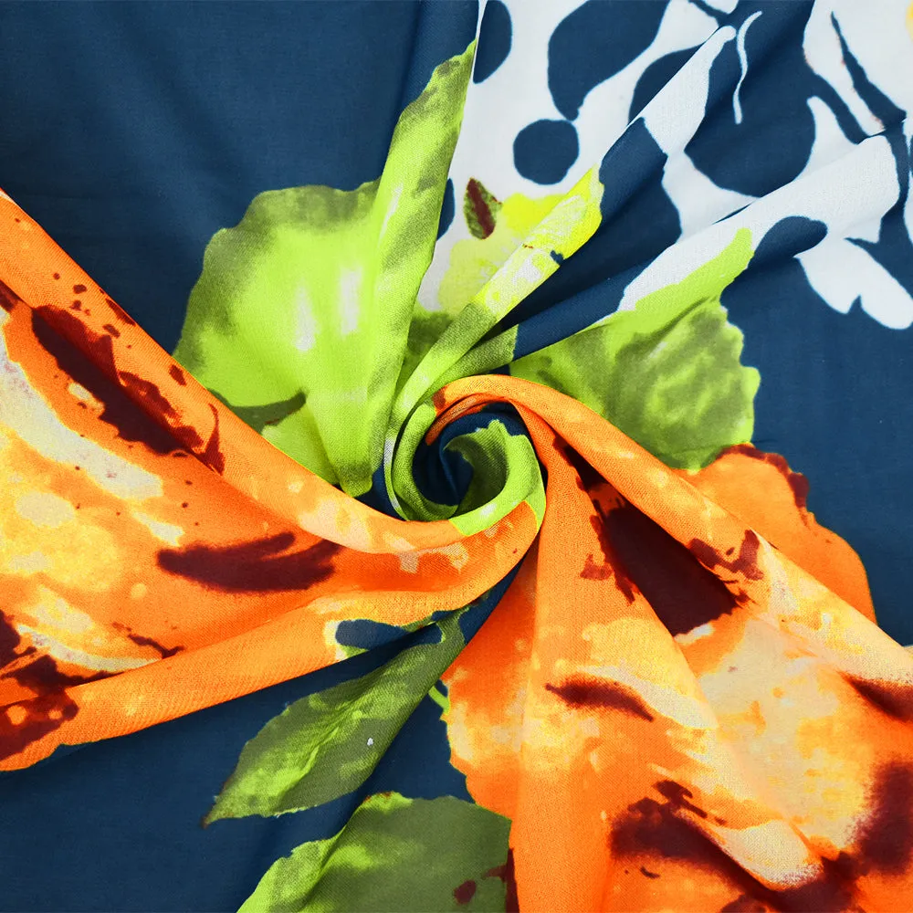 Orange-Blue-Multi Floral Dots Printed Poly Chiffon Woven Fabric