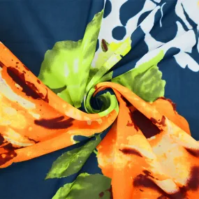 Orange-Blue-Multi Floral Dots Printed Poly Chiffon Woven Fabric