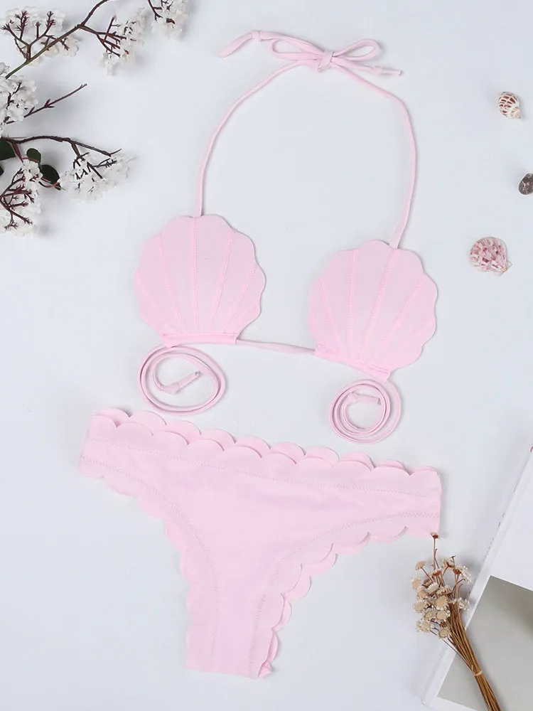 Pink Shell Wave Halter String Printed Backless Bikinis Swimsuits