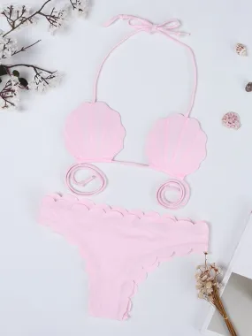 Pink Shell Wave Halter String Printed Backless Bikinis Swimsuits