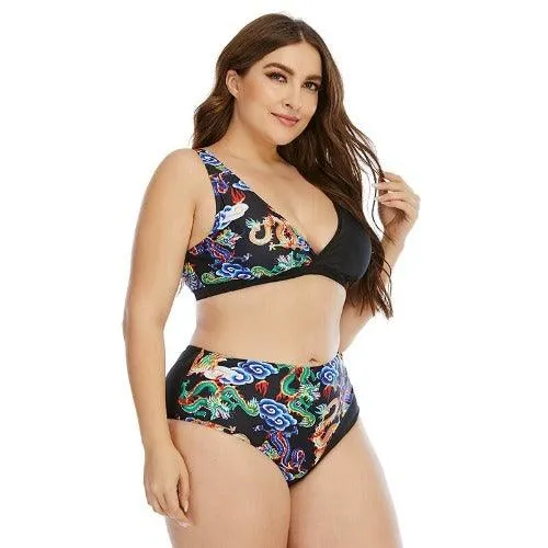 Plus Size Dragon Printed High Waist Push Up Bikini