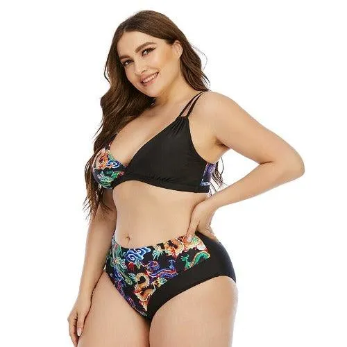 Plus Size Dragon Printed High Waist Push Up Bikini