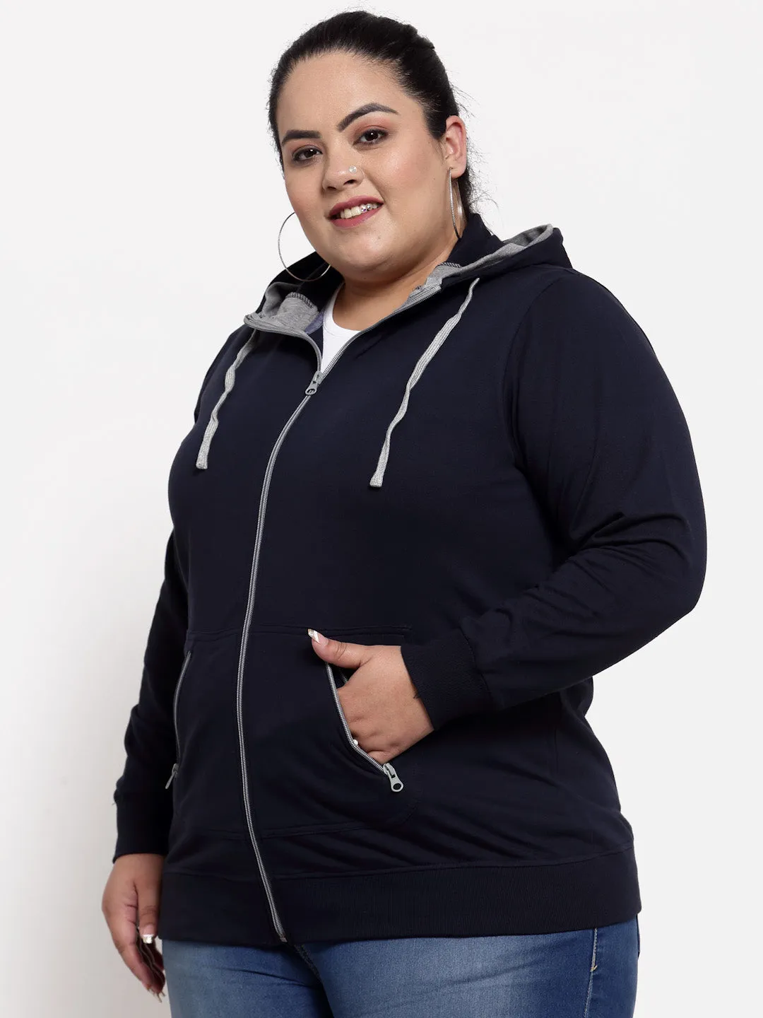 plusS Women Navy Blue Hooded Sweatshirt