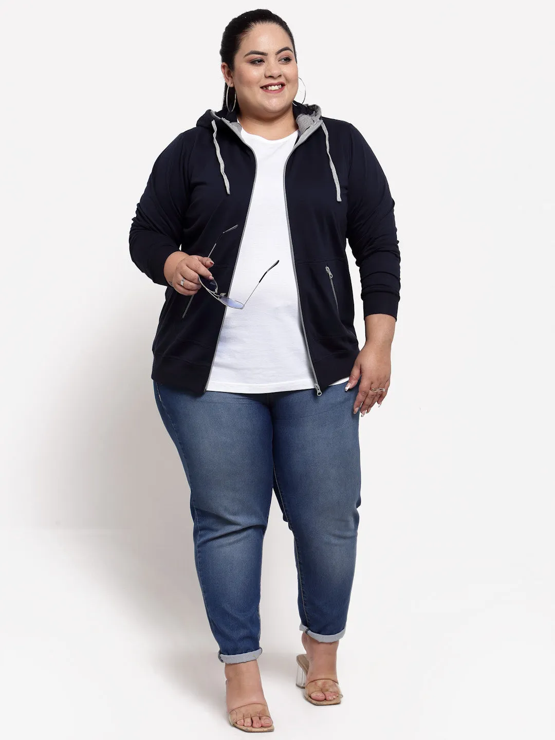 plusS Women Navy Blue Hooded Sweatshirt