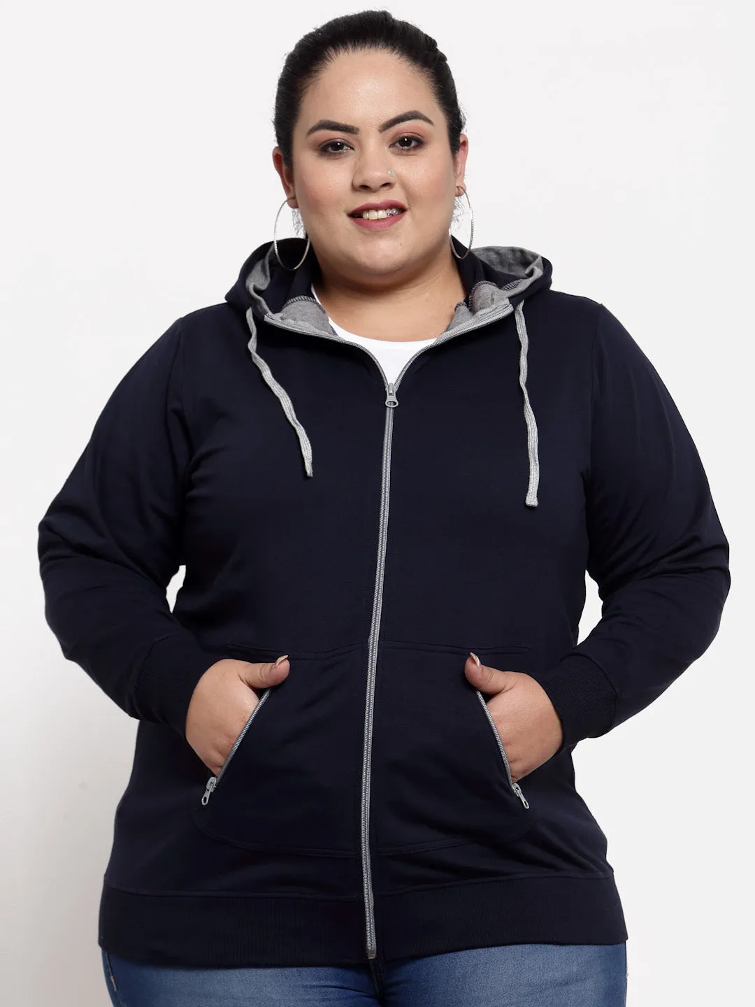 plusS Women Navy Blue Hooded Sweatshirt