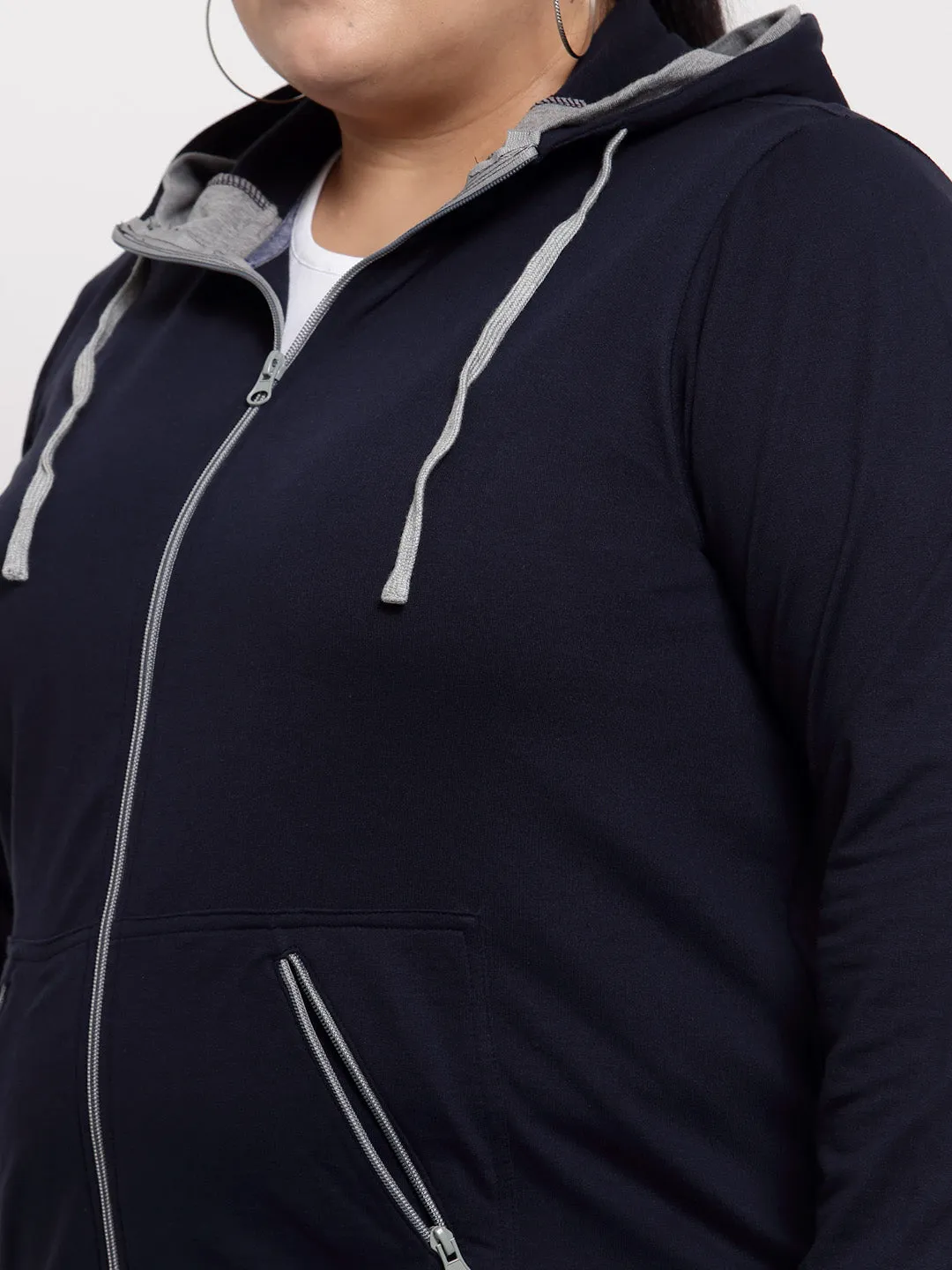 plusS Women Navy Blue Hooded Sweatshirt