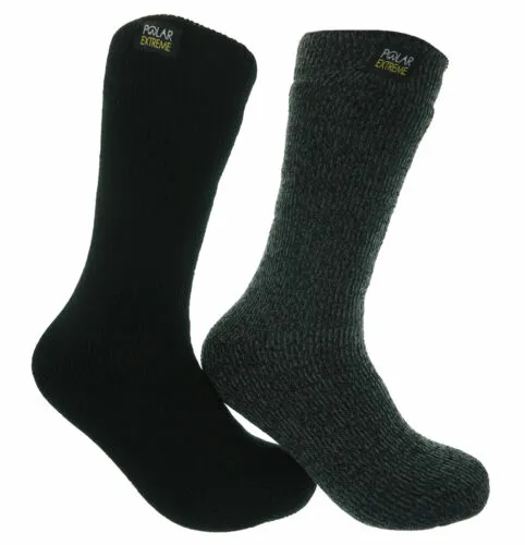 Polar Extreme Men's 2 Pair Thermal insulated Fleece Crew Socks Black Gray Marl