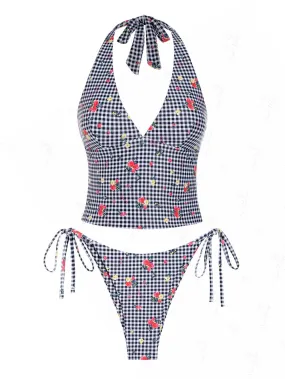 Seamolly Gingham Floral Printed Halter Tied Back Tie Side Tankini Set